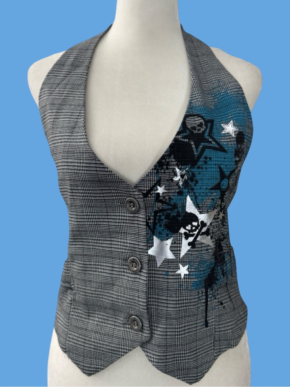 Y2K Plaid Halter Vest Blue Skull Star Graphic Emo Grunge 2000s Vintage - Picture 2 of 11